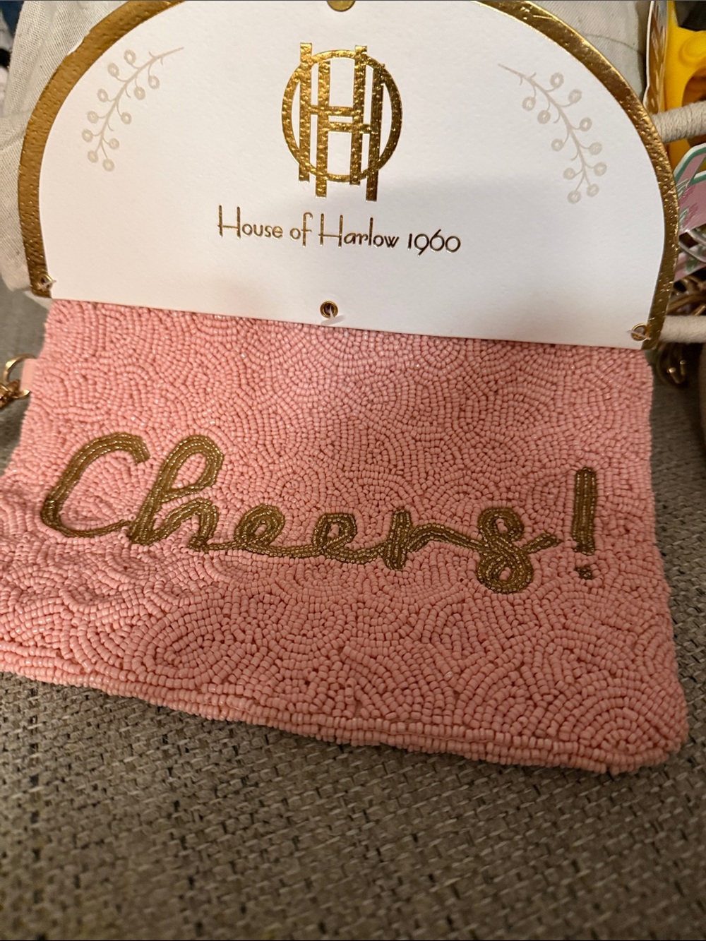 🌷New🌷House of Harlow 1960 Pink Beaded Clutch with Gold 'Cheers!' Script